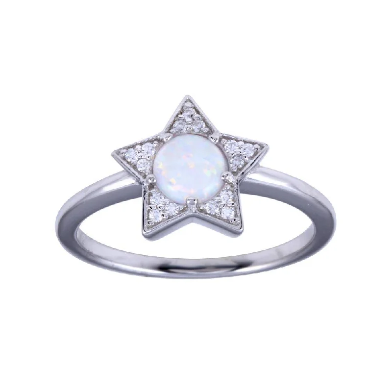 ladies ring fall leaf pattern-Rhodium Plated 925 Sterling Silver Opal Stone Star With CZ Ring - BGR01316