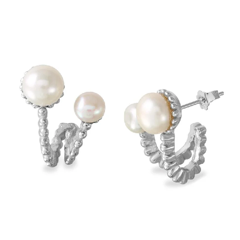 ladies-minimalist-diamond-earrings-Rhodium Plated 925 Sterling Silver 2 Folded Fresh Water Pearl Earrings - BGE00536