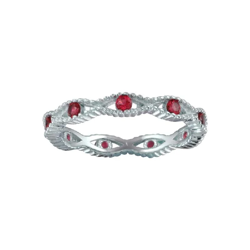 ladies ring deep jade-Rhodium Plated 925 Sterling Silver Intersecting Waves Red CZ Ring- BGR01294RED