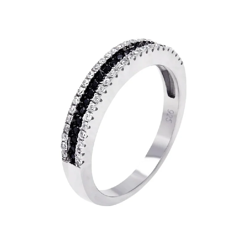 ladies ring fall leaf pattern-Silver 925 Rhodium and Black Rhodium Plated Half Micro Pave Black and Clear CZ Ring - ACR00059