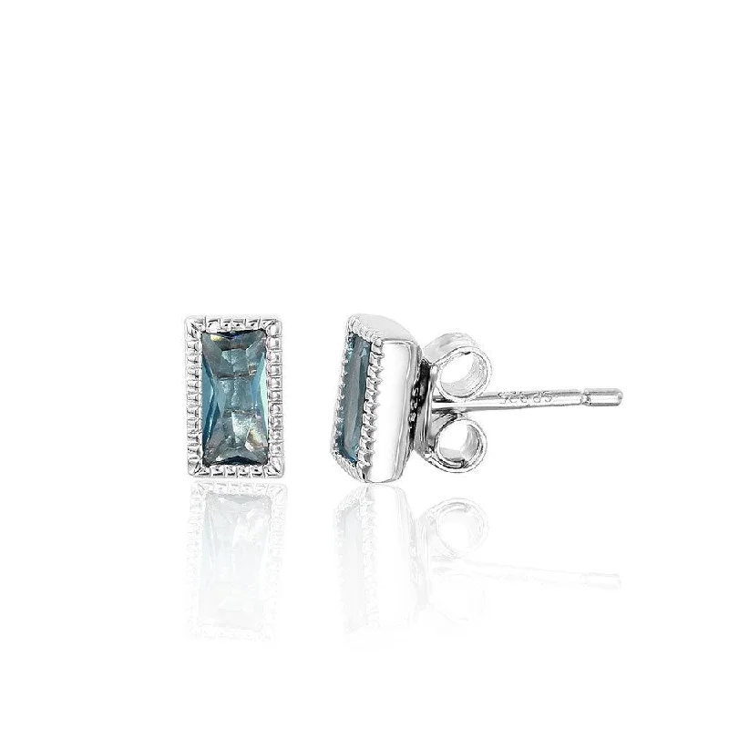 ladies-unique-rose-gold-earrings-Silver 925 Rectangle Blue CZ Stud Earrings - STE01041BLU