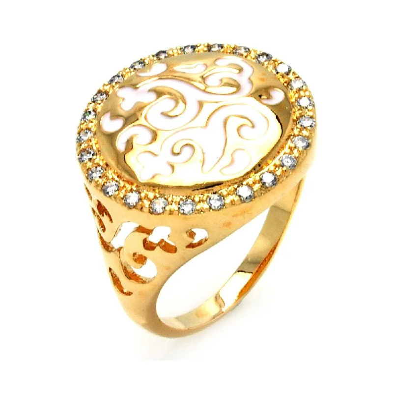 ladies ring matte moissanite-Clearance-Silver 925 Gold Plated White Enamel Clear CZ Ornate Design Ring - BGR00297