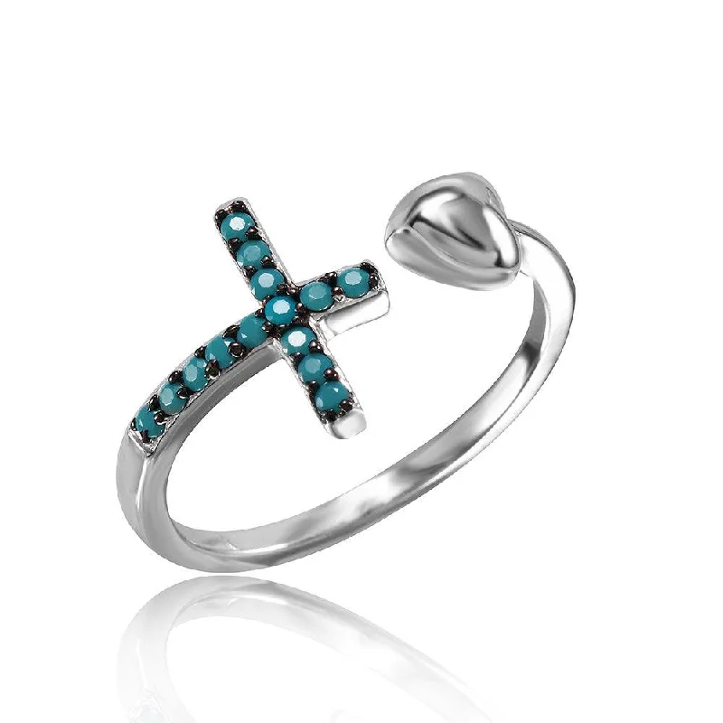 ladies ring celestial starburst-Silver 925 Rhodium Plated Cross And Heart Ring with Synthetic Turquoise Stones - STR01053