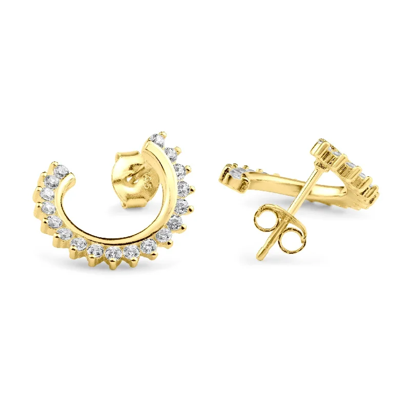 ladies-affordable-silver-earrings-Gold Plated 925 Sterling Silver Crescent Hoop Clear CZ Earring - BGE00681