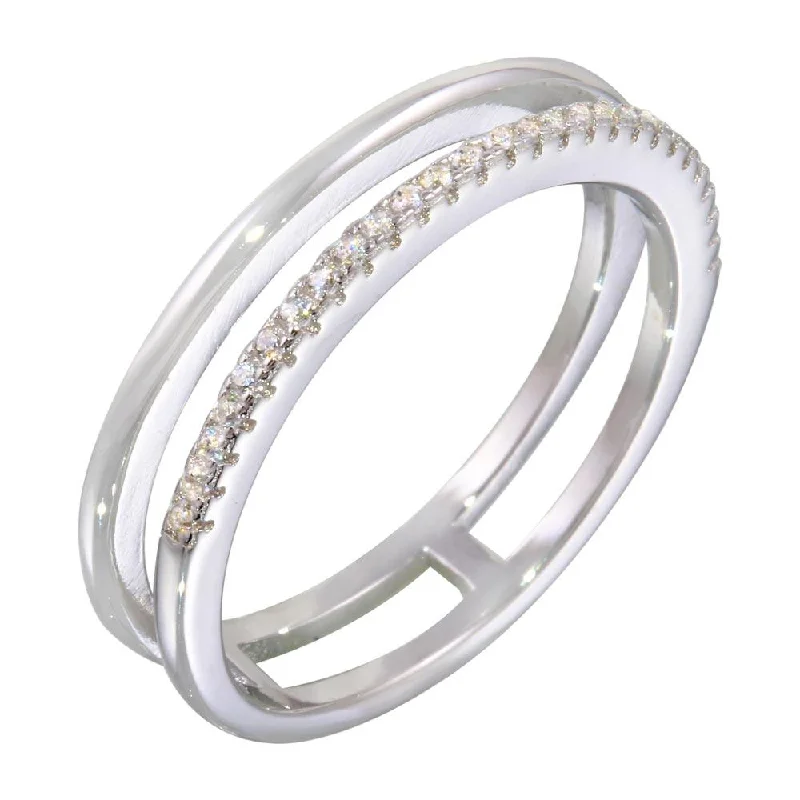 ladies ring graceful wave pattern-Rhodium Plated 925 Sterling Silver Two Row Ring with CZ - STR01077