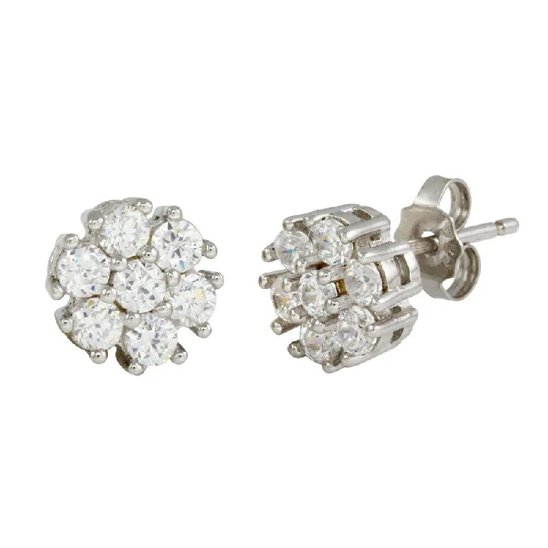 ladies-artisan-hoop-earrings-Rhodium Plated 925 Sterling Silver CZ Flower Stud Earrings - STE01086