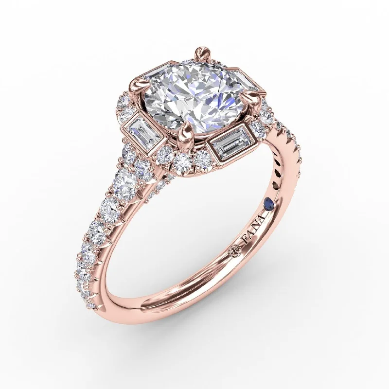 engagement-marquise-cut-rose-gold-ring-Cushion Shaped Diamond Halo Engagement Ring With Baguettes