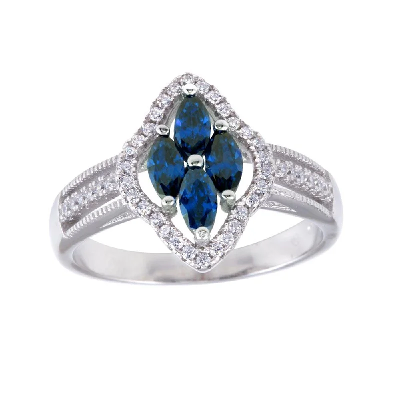 ladies ring sleek arrow motif-Rhodium Plated 925 Sterling Silver 4 Blue Marquise Center CZ Ring - BGR01253BLU