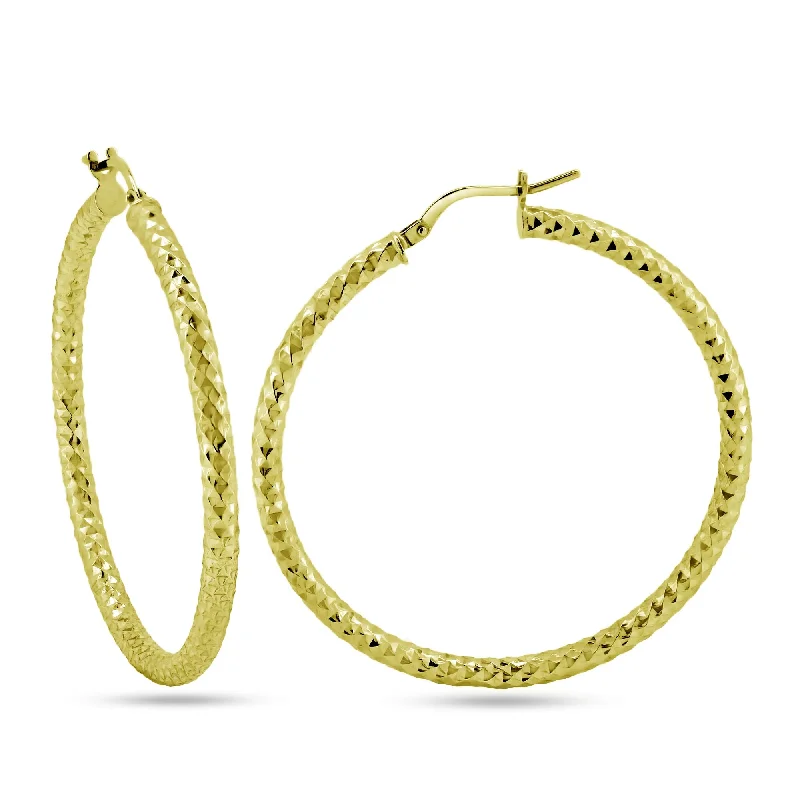 ladies-vintage-dangle-earrings-Gold Plated 925 Sterling Silver Silver 3mm Diamond Cut Textured Hoop Earrings - ARE00037GP