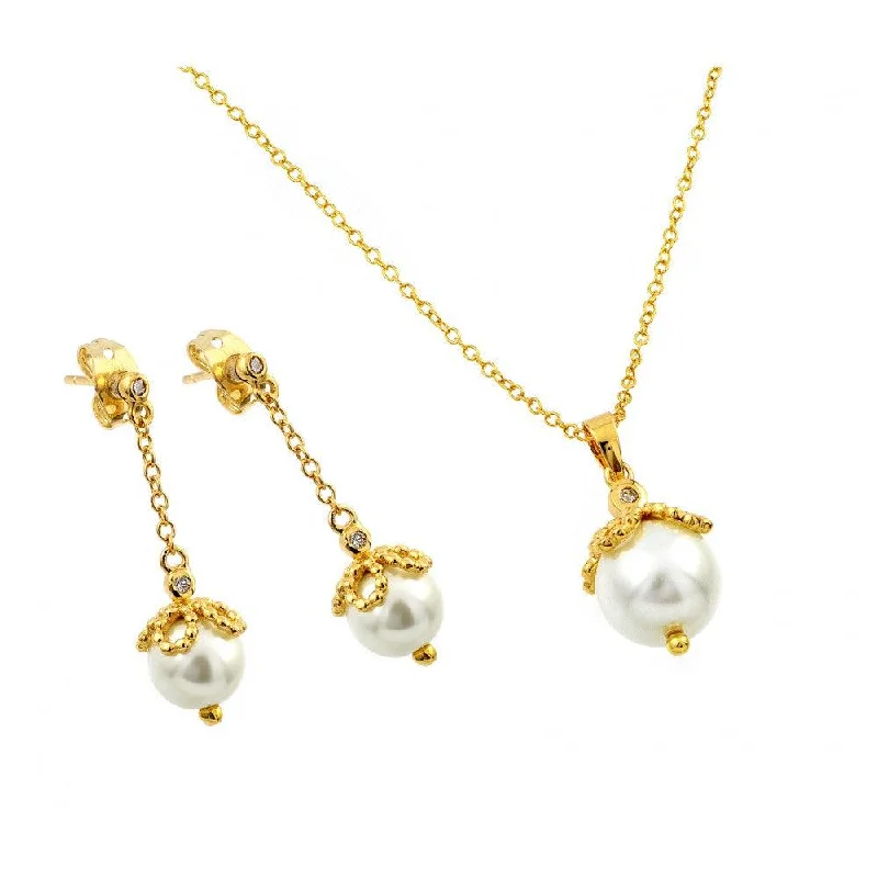 ladies-star-earrings-Silver 925 Gold Plated Pearl Drop Clear CZ Dangling Stud Earring and Necklace Set - BGS00414