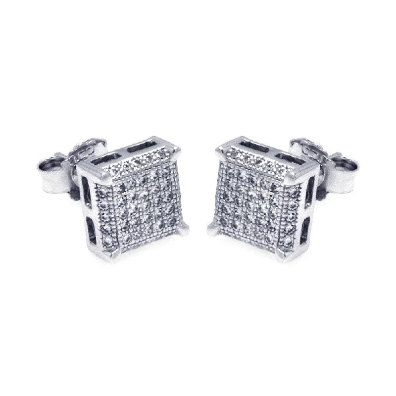 ladies-silver-stud-earrings-Silver 925 Rhodium Plated Micro Pave Clear Square CZ Stud Earrings - ACE00045