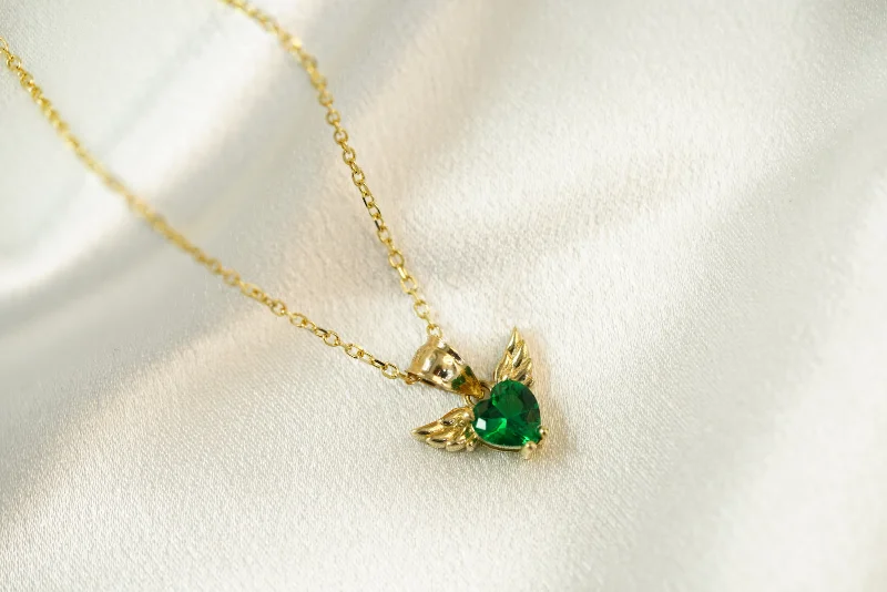 ladies-gift-pearl-necklace-14k Green Heart with Wings Necklace