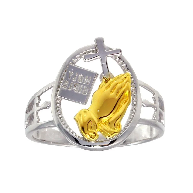 ladies ring feather silhouette-2 Toned Plated 925 Sterling Silver Praying Hand with Cross Ring - GMR00292RG