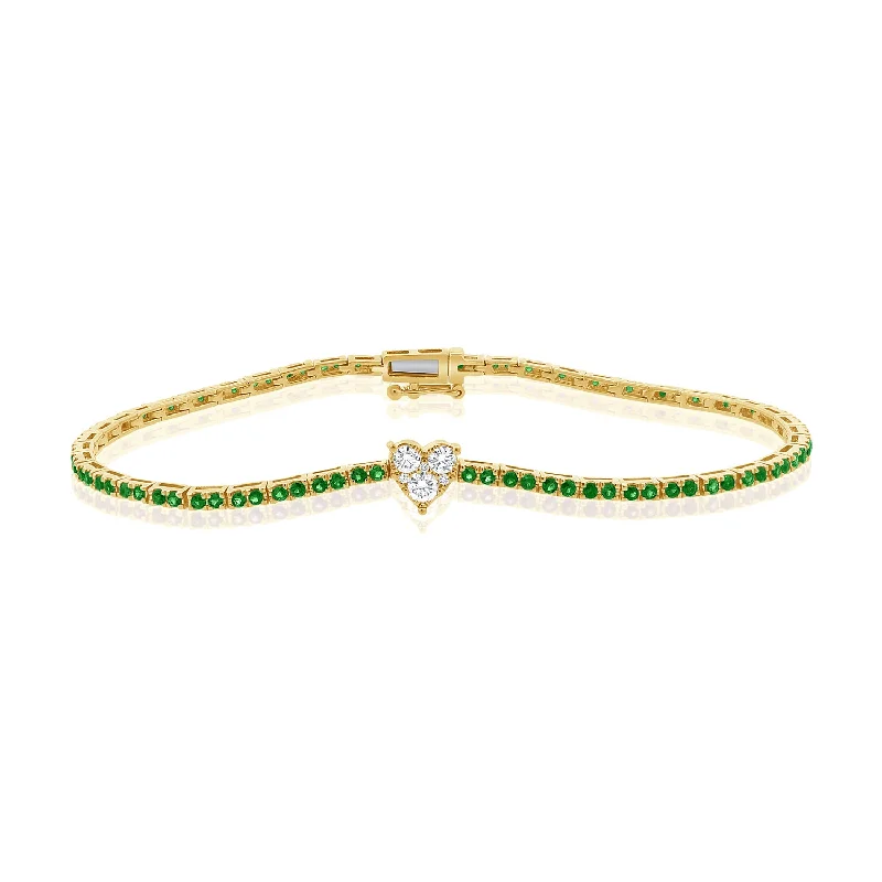 Ladies bracelets for staycations -Enchanting 14K Gold Tsavorite and Diamond Heart Tennis Bracelet