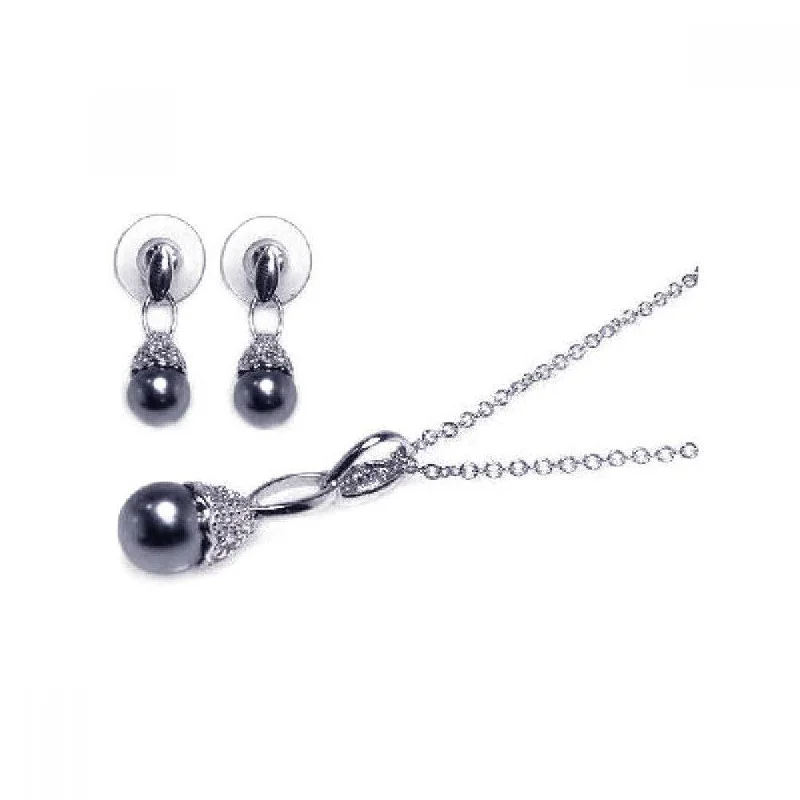 ladies-everyday-silver-earrings-Silver 925 Rhodium Plated Black Pearl Clear CZ Dangling Stud Earring and Dangling Necklace Set - BGS00001