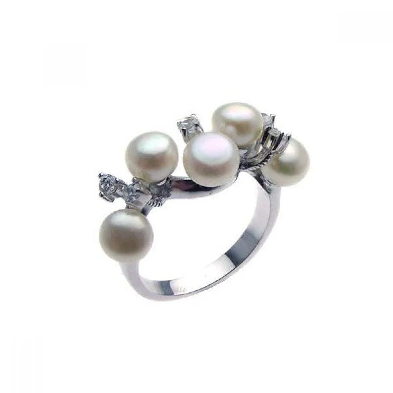 ladies ring tropical palm detail-Clearance-Silver 925 Rhodium Plated CZ Multiple Fresh Water Pearl Ring - STR00612