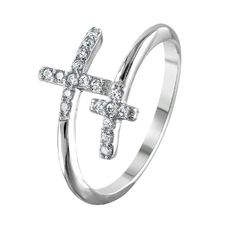 ladies ring cyber monday halo design-Silver 925 Rhodium Plated Double CZ Cross Ring - BGR01013