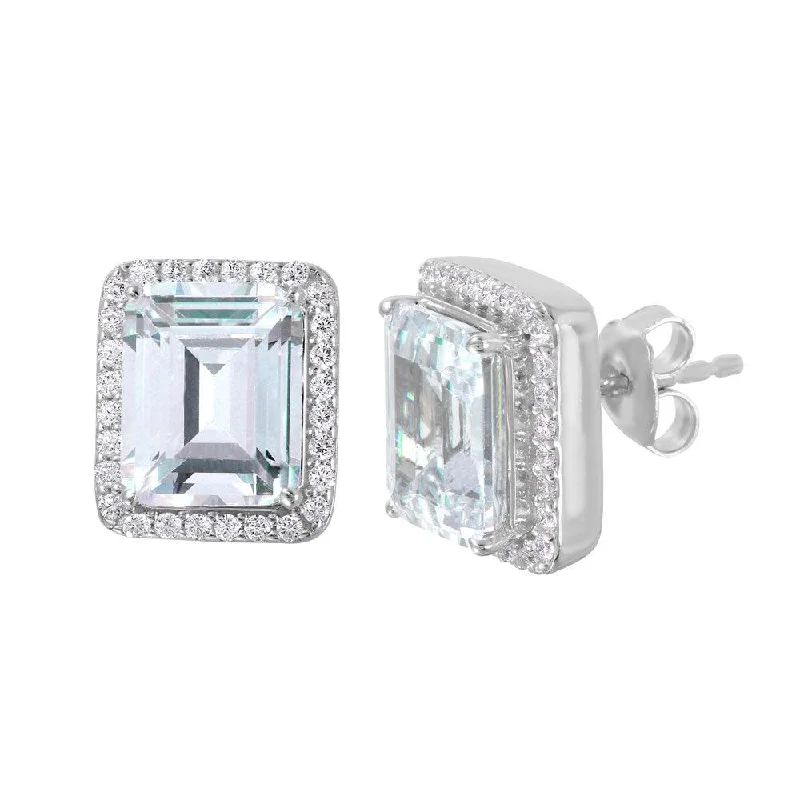 ladies-delicate-silver-earrings-Silver 925 Rhodium Plated Round Square CZ Stud Earrings - GME00013RH