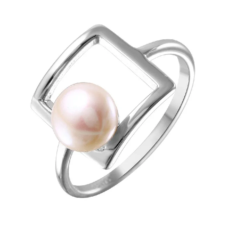 ladies ring floral petal design-Silver 925 Rhodium Plated Open Square Synthetic Pearl Ring - STR01038