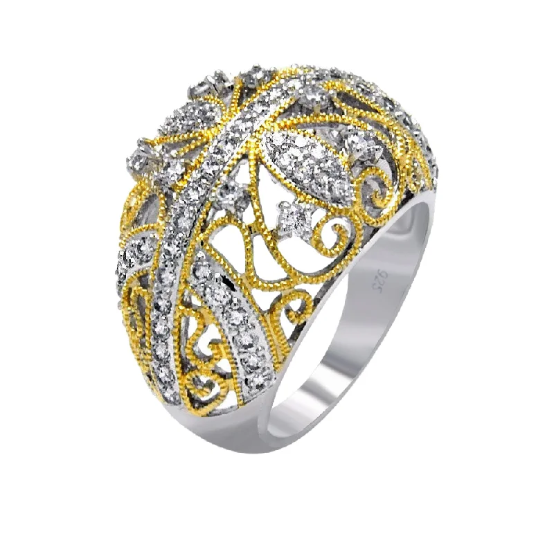 ladies ring chic crossover-Clearance-Silver 925 Rhodium and Gold Plated 2 Toned Clear CZ Filigree Dome Ring - BGR00374