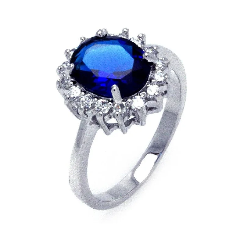 ladies ring cyber monday exclusive-Silver 925 Rhodium Plated Oval Blue and Clear Cluster CZ Flower Ring - BGR00282