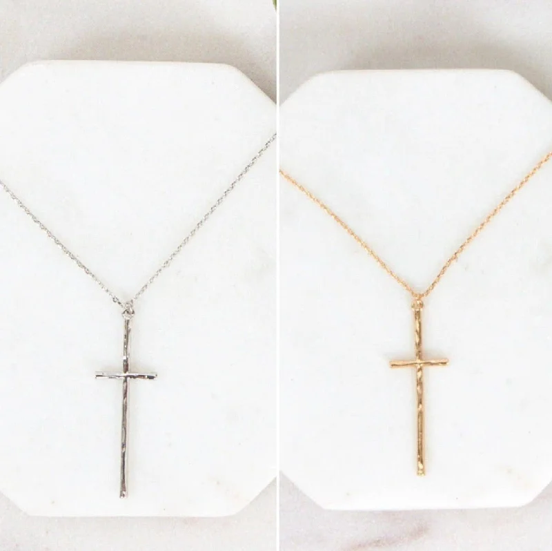 ladies-heart-charm-necklace-Jada Hammered Cross Necklace in Gold or Silver