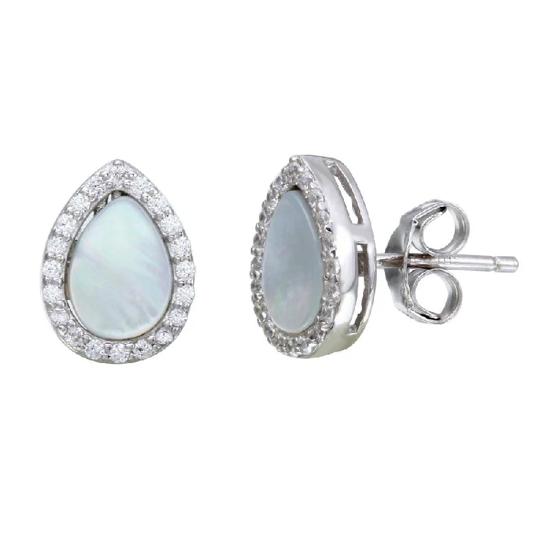 ladies-artisan-silver-earrings-Rhodium Plated 925 Sterling Silver Teardrop Shaped Opal Stud Earrings with Clear CZ Stones - STE01118CLR