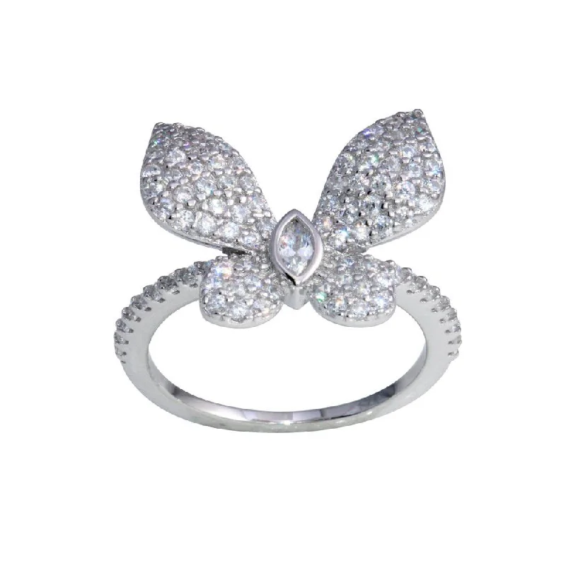 ladies ring deep jade-Rhodium Plated 925 Sterling Silver Butterfly CZ Ring - BGR01306