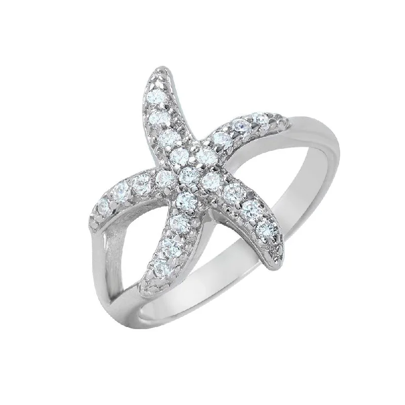 ladies ring sleek white gold-Silver 925 Rhodium Plated Clear Pave Set CZ Skinny Starfish Ring - BGR00949