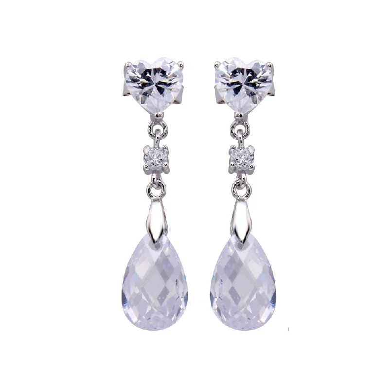 ladies-fashion-gold-earrings-Silver 925 Rhodium Plated Heart and Teardrop CZ Dangling Stud Earrings - STE00442