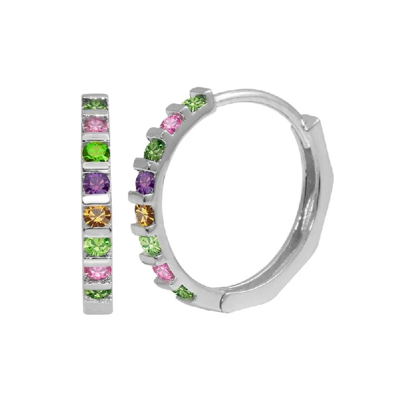 ladies-gift-diamond-earrings-Rhodium Plated 925 Sterling Silver Multi-Colored CZ huggie hoop Earrings - GME00063RBC