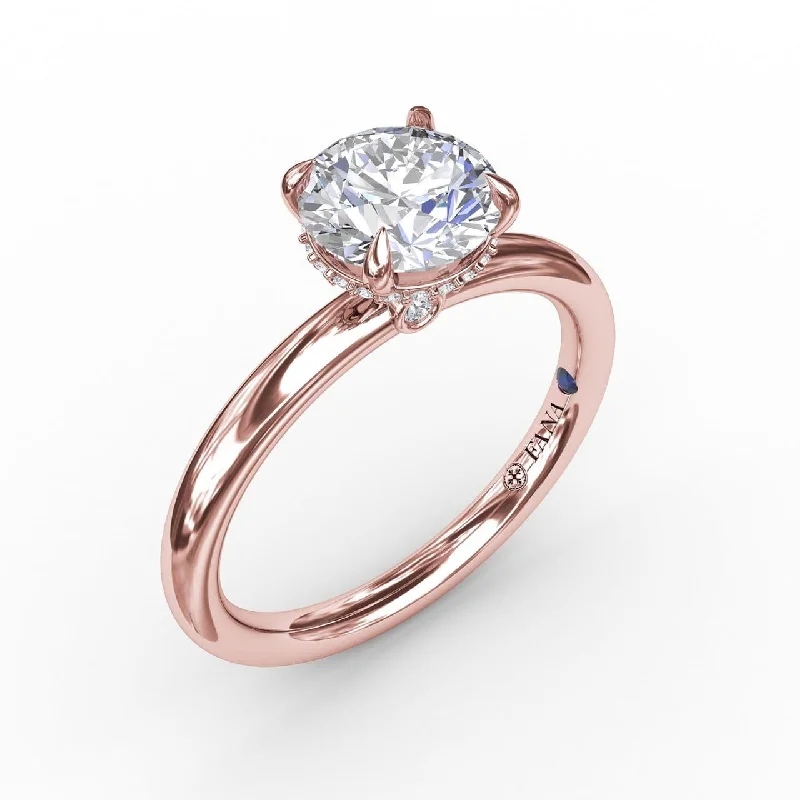 engagement-affordable-diamond-ring-Contemporary Round Diamond Solitaire Engagement Ring With Hidden Pavé Halo