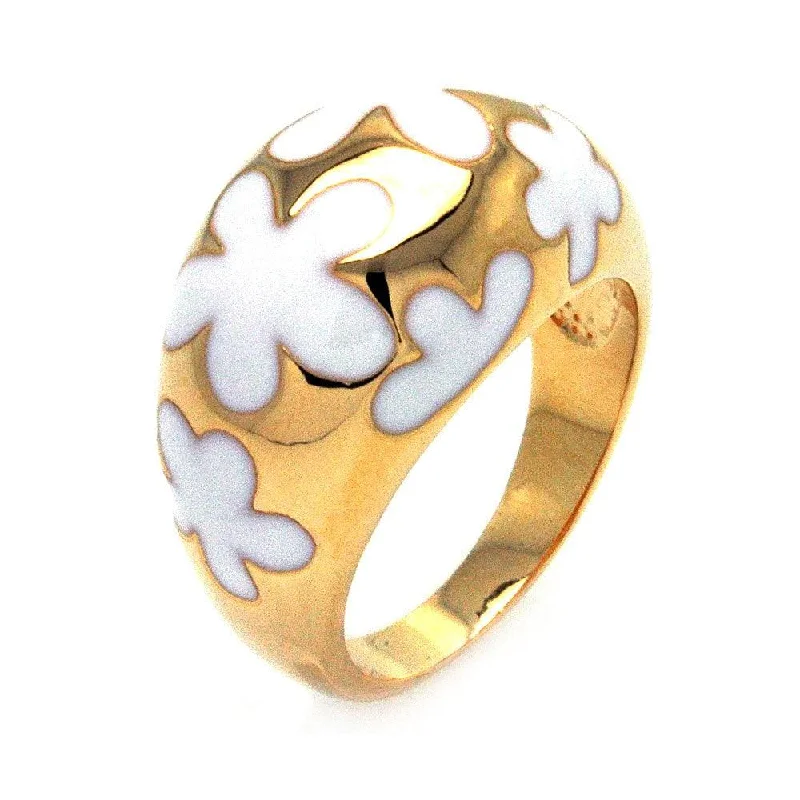 ladies ring earthy tiger’s eye-Clearance-Silver 925 Gold Plated White Enamel Flower Dome Ring - BGR00298