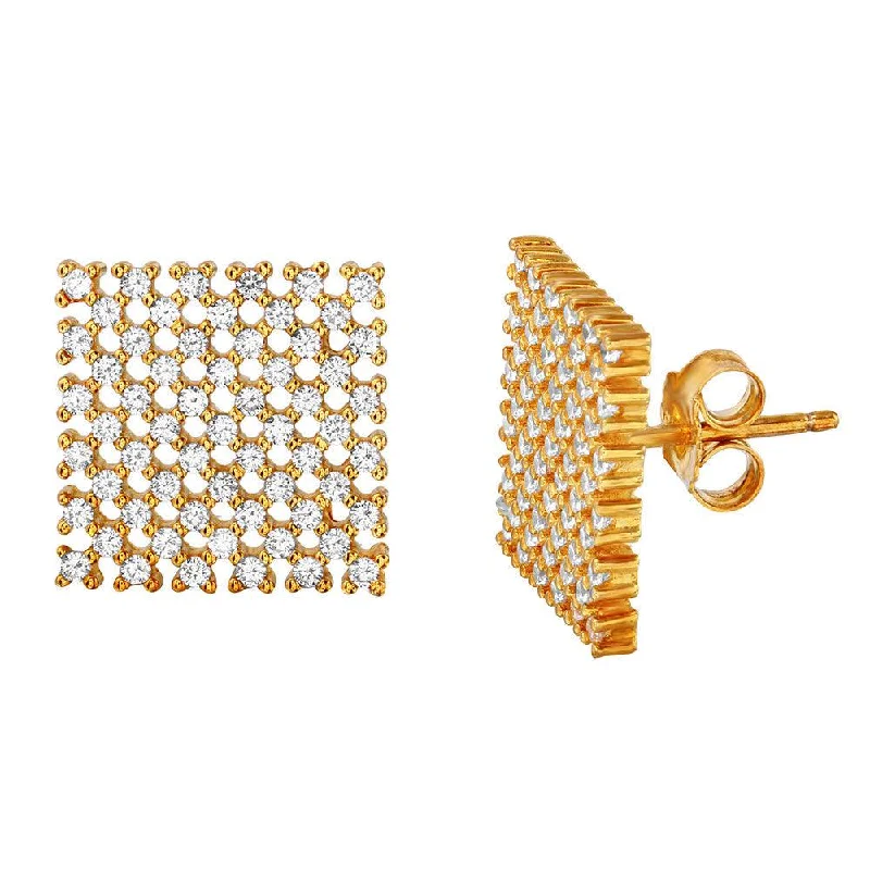 ladies-delicate-diamond-earrings-Silver 925 Gold Plated Large Checkered CZ Stud Earrings - ACE00080GP