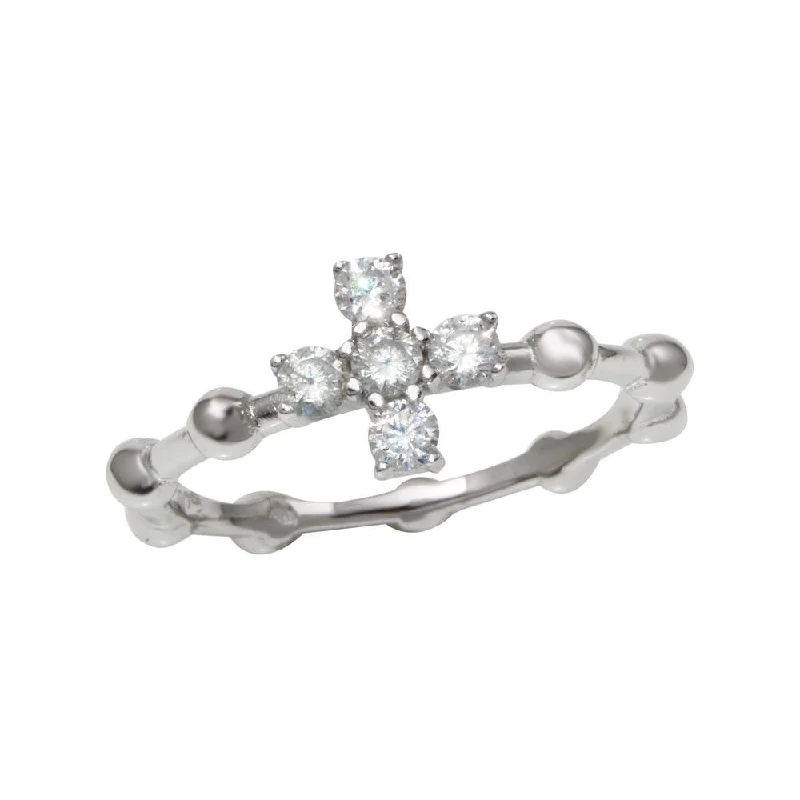 ladies ring custom infinity symbol-Rhodium Plated 925 Sterling Silver Beaded Shank CZ Cross Ring - BGR01193