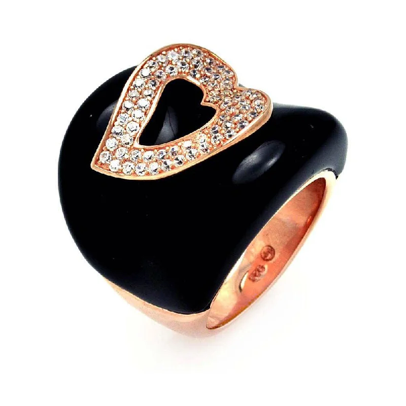 ladies ring tropical palm detail-Clearance-Silver 925 Gold Plated Black Onyx Clear CZ Heart Ring - BGR00327