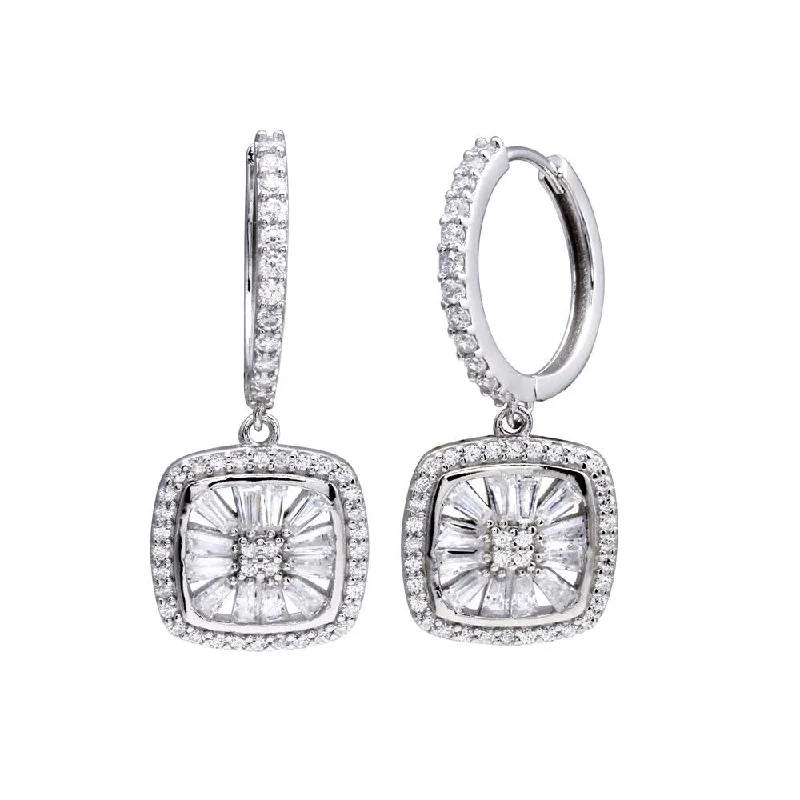 ladies-flower-dangle-earrings-Rhodium Plated 925 Sterling Silver CZ Hoop Dangling Halo Square Earring - STE01319