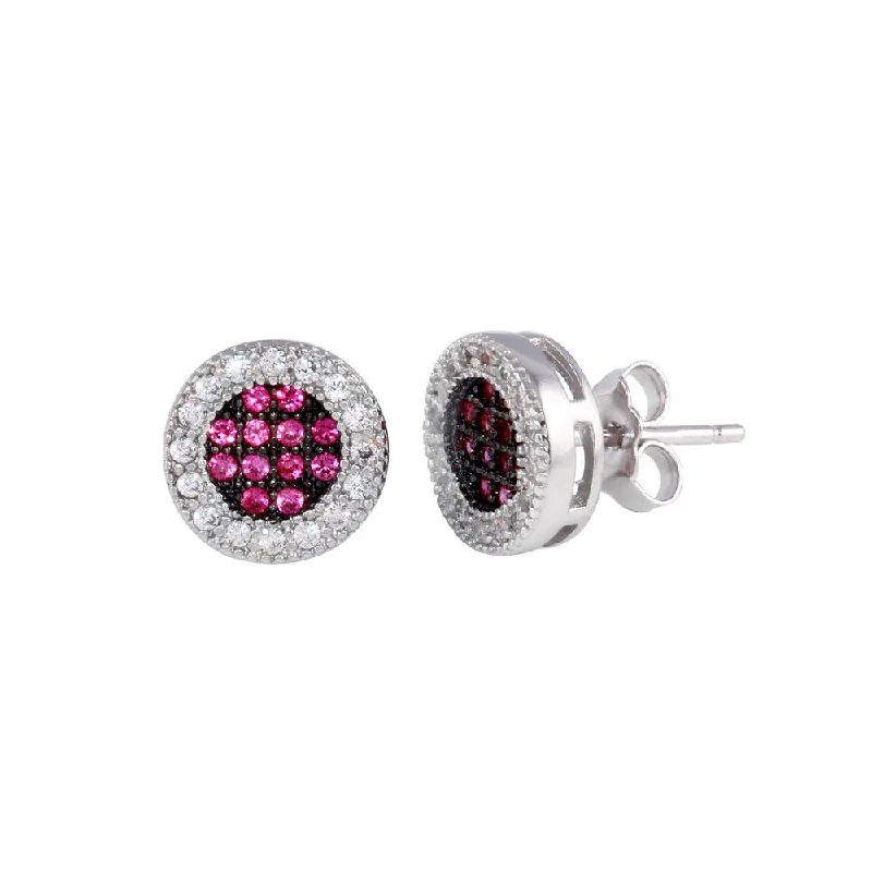 ladies-modern-silver-earrings-Rhodium Plated 925 Sterling Silver Clear and Red CZ Halo Stud Earrings - BGE00631RED