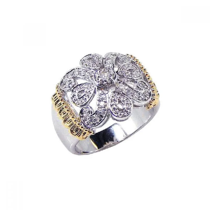 ladies ring vibrant peridot-Clearance-Silver 925 Rhodium and Gold Plated CZ Flower Ring - STR00343