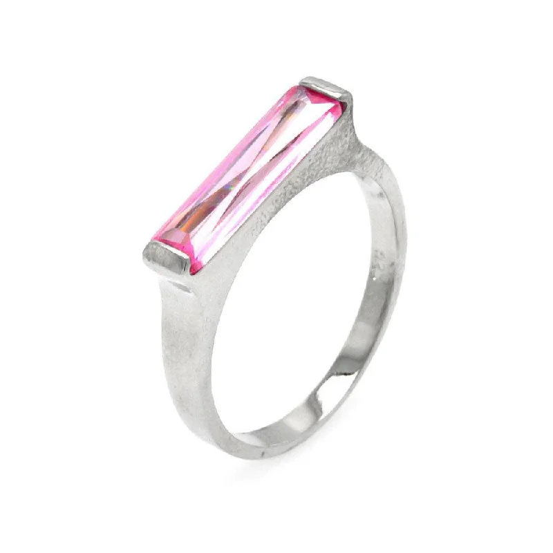 ladies ring celestial starburst-Clearance-Silver 925 Rhodium Plated Long Pink CZ Bar Ring - BGR00003PNK