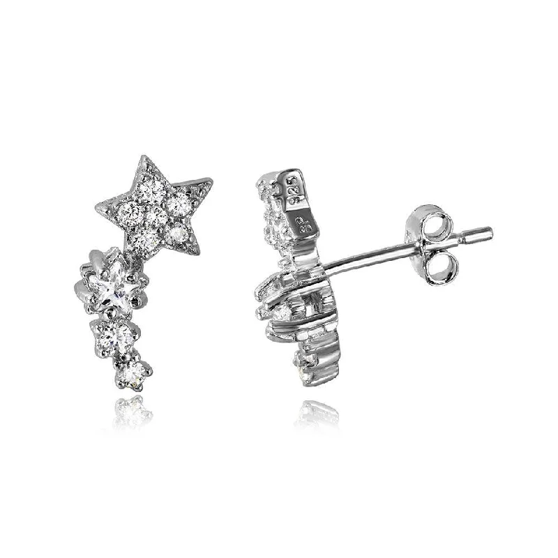 ladies-dangle-earrings-Silver 925 Rhodium Plated Climbing Star CZ Stud Earrings - STE01056