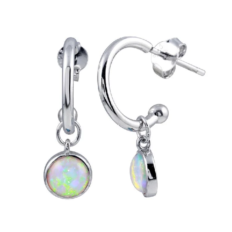 ladies-custom-earrings-Rhodium Plated 925 Sterling Silver Semi Hoop Dangling Pink Opal Earring - STE01223PINK