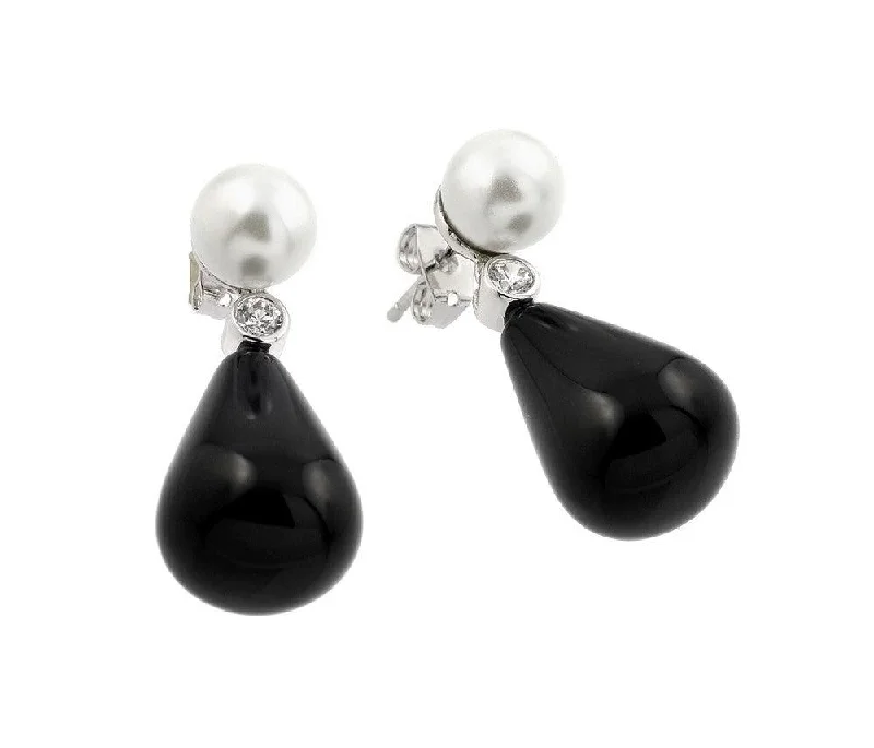 ladies-moon-earrings-Silver 925 Rhodium Plated Black Synthetic Pearl Small Round CZ Stud Earrings - BGE00346