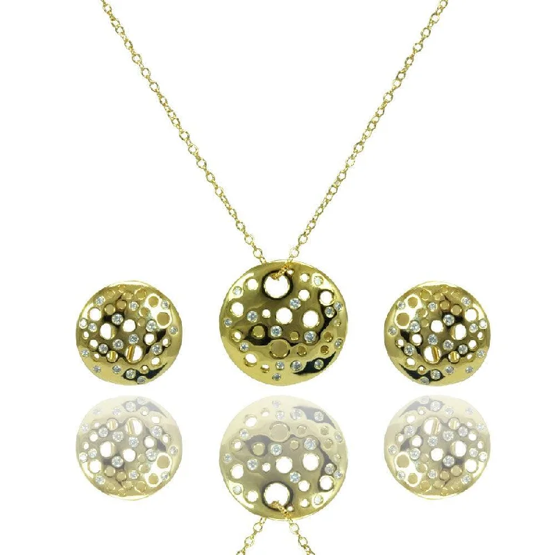 ladies-pearl-stud-earrings-Silver 925 Gold Plated Clear Round Disc CZ Stud Earring and Necklace Set - BGS00385