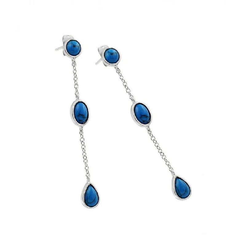 ladies-cross-gold-earrings-Silver 925 Rhodium Plated Three Oval Blue CZ Wire Dangling Stud Earrings - BGE00389