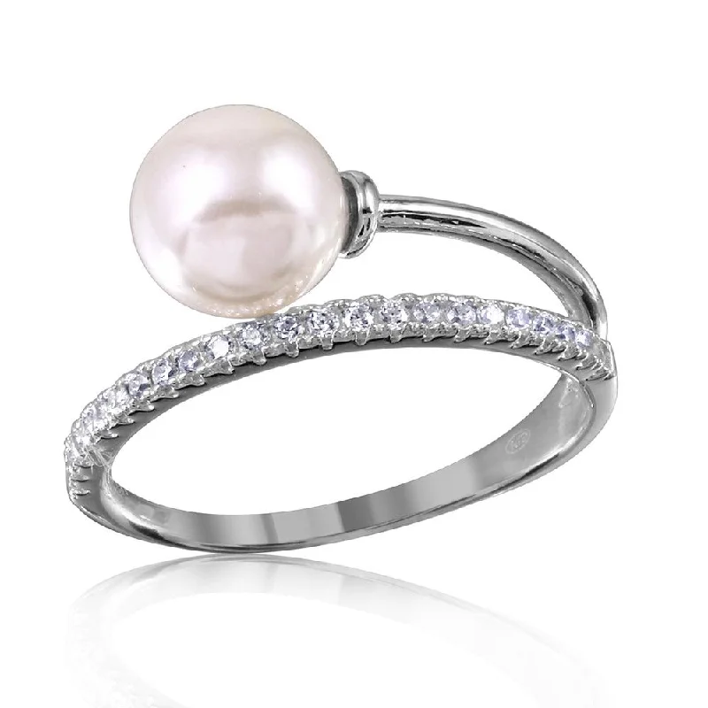 ladies ring winter snowflake-Silver 925 Rhodium Plated Overlap CZ and Synthetic Pearl Ring - GMR00130