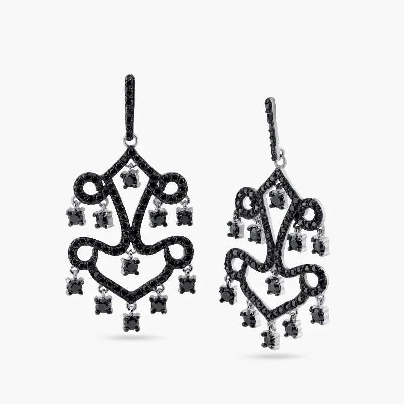 ladies-gemstone-dangle-earrings-Clearance-Silver 925 Oxidized Rhodium Plated Round Black CZ Dangling Chandelier Stud Earrings - STE00713