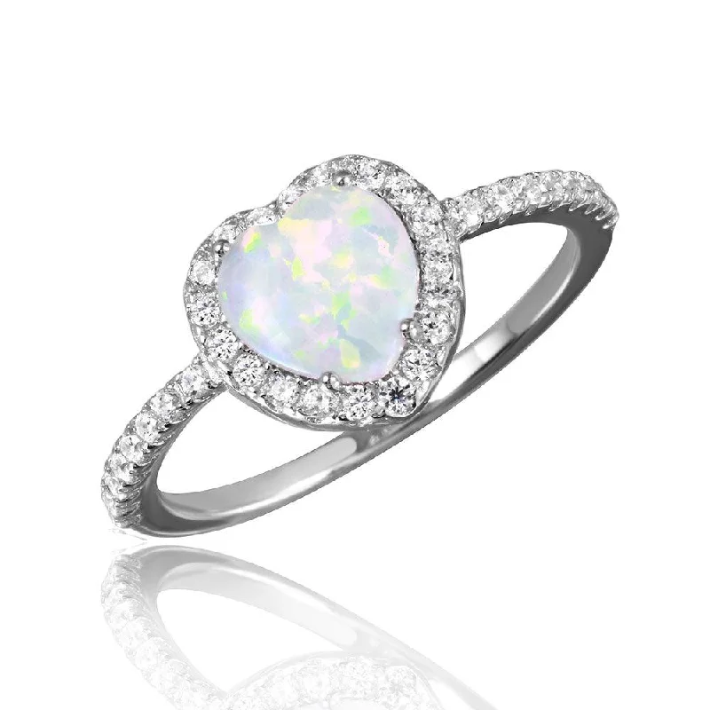 ladies ring constellation themed-Silver 925 Rhodium Plated Halo Heart Ring with Synthetic Opal and CZ - BGR01046