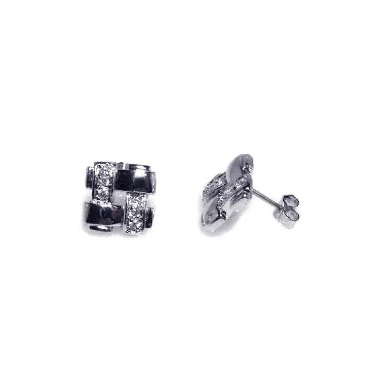 ladies-pearl-stud-earrings-Clearance-Silver 925 Rhodium Plated Weaved Square CZ Stud Earrings - STE00149