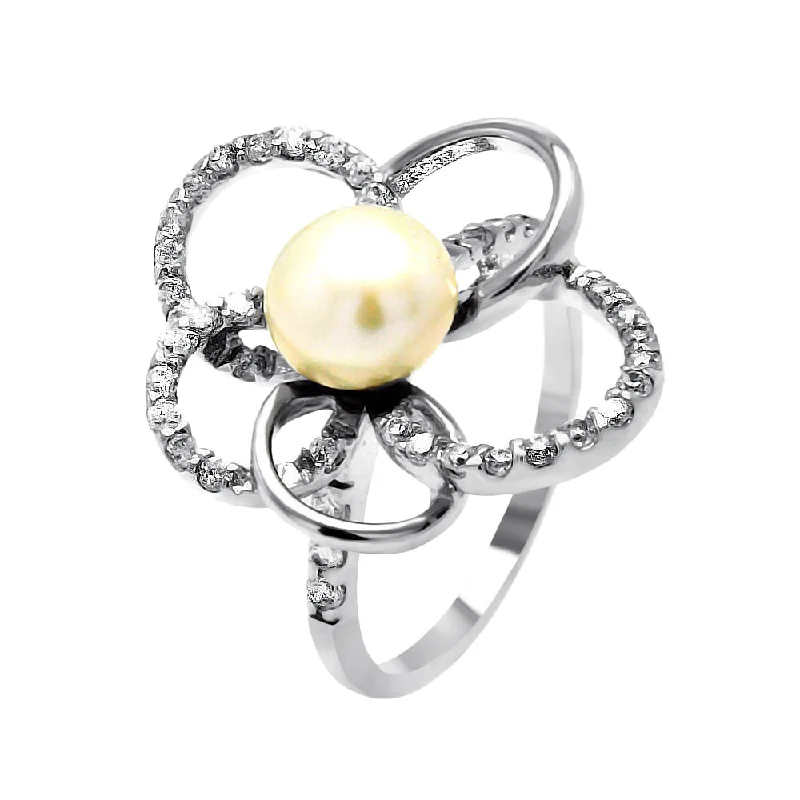 ladies ring custom infinity symbol-Silver 925 Rhodium Plated Fresh Water Pearl Center Clear CZ Flower Ring - BGR00512